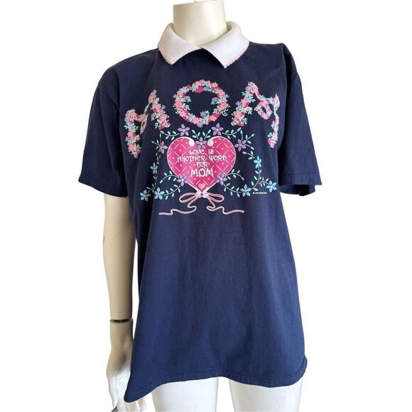 Jerzees women’s L vintage 90’s collared t-shirt Mom-core kitsch Love heart motif - Picture 1 of 6